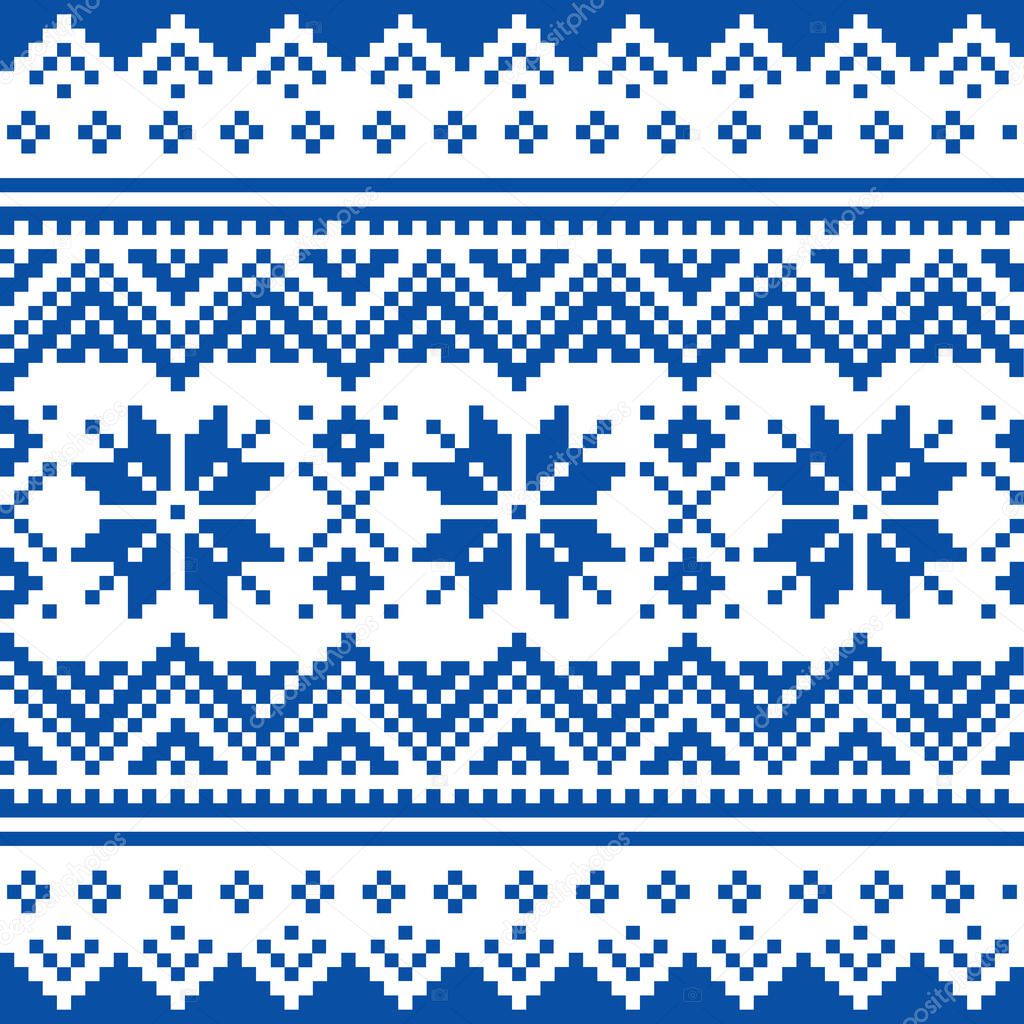Christmas vector seamless winter pattern in navy blue with snowflakes, inspired by Sami people, Lapland folk art embroidery