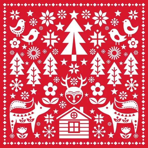 Scandinavian Christmas Folk Art Vector Pattern Wtih Reindeer Birds Snowflakes — Stock Vector