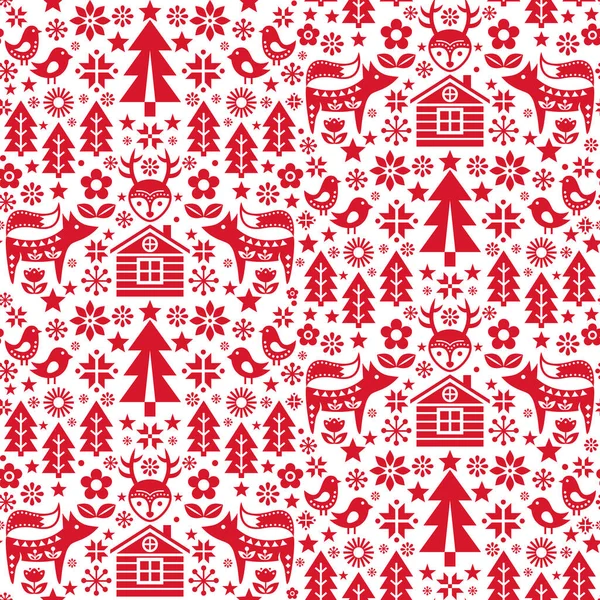 Christmas Scandinavian Nordic Folk Art Style Seamless Vector Pattern Wtih —  Vetores de Stock