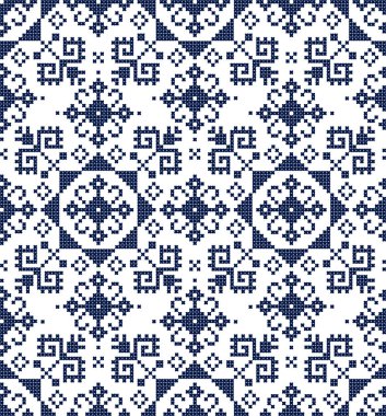 Retro Zmijanje nakış stili halk sanatı kusursuz desen - tekstil ya da kumaş desenli çapraz dikiş Bosna-Hersek 'ten gelen çiçeklerle 