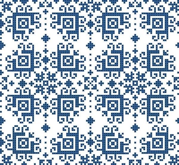 花の伝統的なZmijanjeクロスステッチスタイルベクトル民俗芸術シームレスパターン ボスニア オズベキナから繊維や生地のプリントデザイン バルカンレトロな刺繍の装飾 白の濃い青の古い手作りの背景 — ストックベクタ