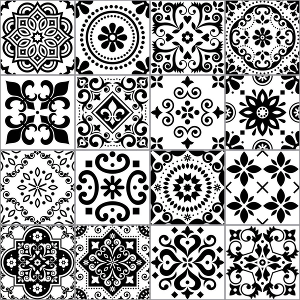 Portuguese Spanish Azulejo Tiles Seamless Vector Pattern Collection Black White — Stock Vector