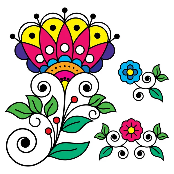 Scandinavian Folk Art Flower Vector Design Set Retro Flororal Pattern — 스톡 벡터