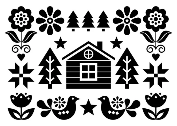 Рождественские Открытки Формате 5X7 Рождественскими Елками Птицами Цветами Финским Домом — стоковый вектор