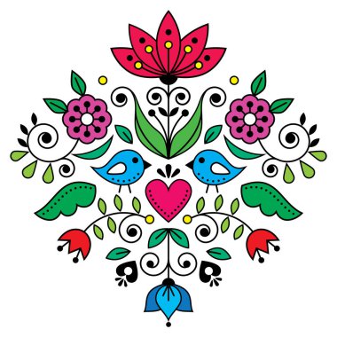 İsveç 'in geleneksel nakış desenlerinden esinlenerek çiçeklerle ve kuşlarla geleneksel halk sanatı tasarımı