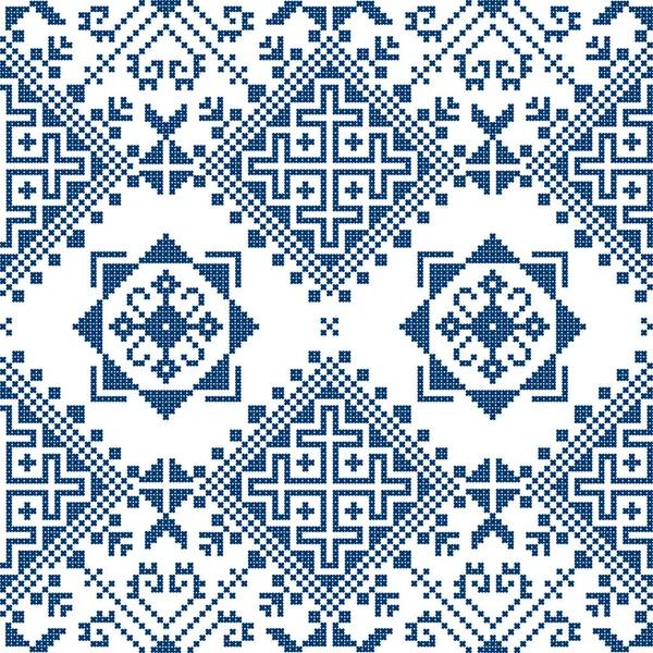 Zmijanjski Vez Традиционный Синий Крестовый Вектор Бесшовный Рисунок Вдохновленный Старым — стоковый вектор