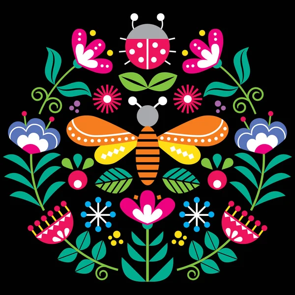 北欧の民俗花のベクトルデザイン 虫のかわいい春の花のパターン テントウムシと黒を背景にスウェーデン ノルウェー デンマークからの伝統的な刺繍に触発されたフライ — ストックベクタ