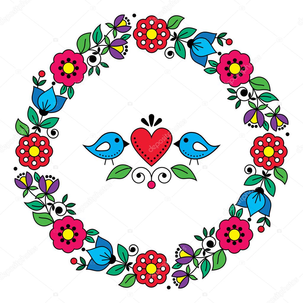 Scandinavian, Nordic folk art vector Valentine's Day greeting card or wedding invitation design, Swedish pattern with floral wreath, birds and heart