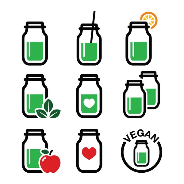 Green shake, green smoothie jar icons set — Stock Vector