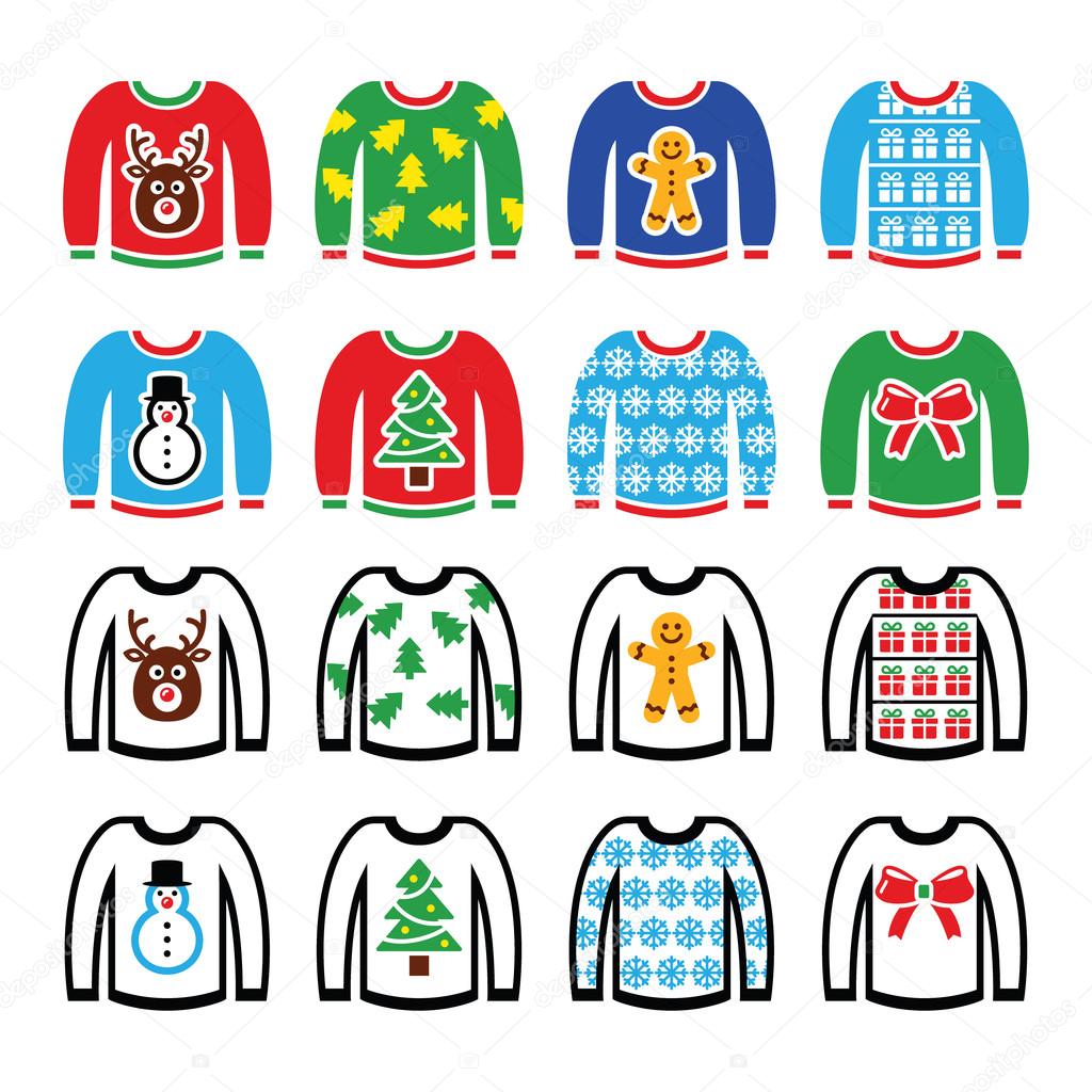 Ugly Christmas sweater on jumper icons set
