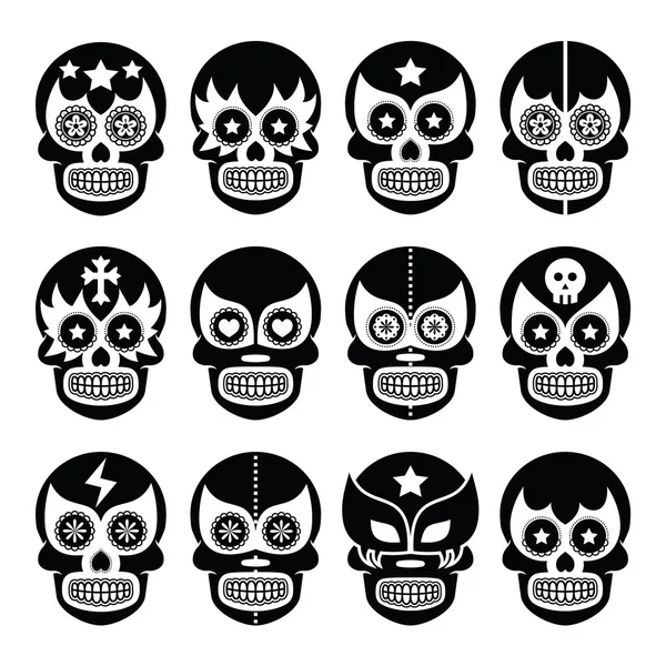 Lucha Libre - Masques crâne de sucre mexicain icônes noires — Image vectorielle