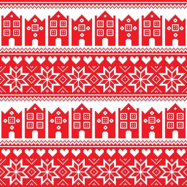 Nordic, winter seamless red pattern with houses — Stock Vector