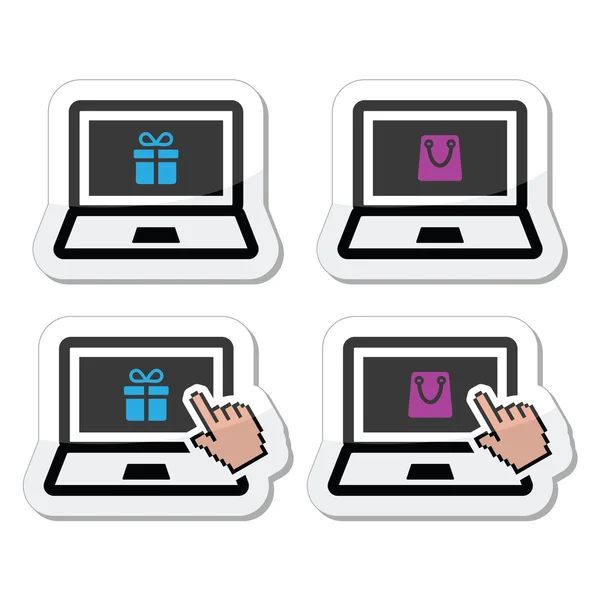 Online winkelen, tas lapton met heden en shooping icons set — Stockvector