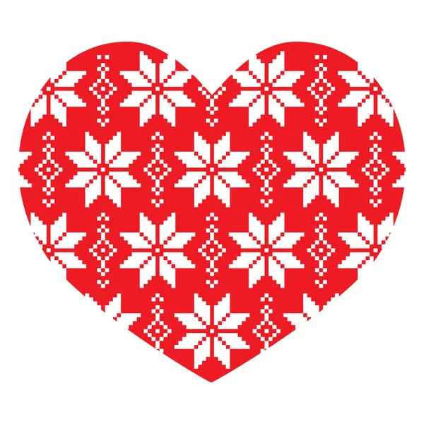 Nordic, kış kırmızı kalp desen — Stok Vektör