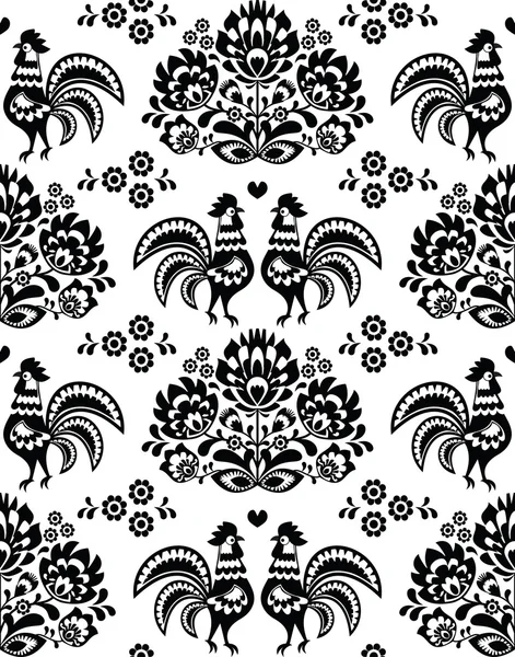 Seamless Polish, Slavic black folk art pattern with roosters - Wzory Lowickie, wycinanka