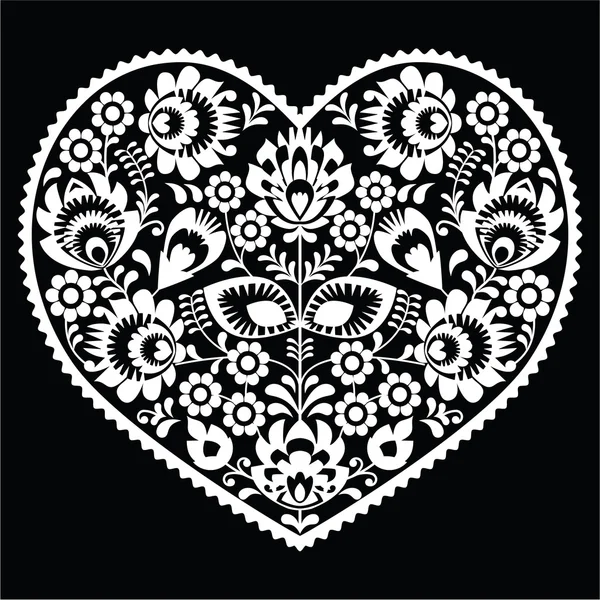 Polonais art populaire blanc motif coeur sur noir - wzory lowickie, wycinanka — Image vectorielle