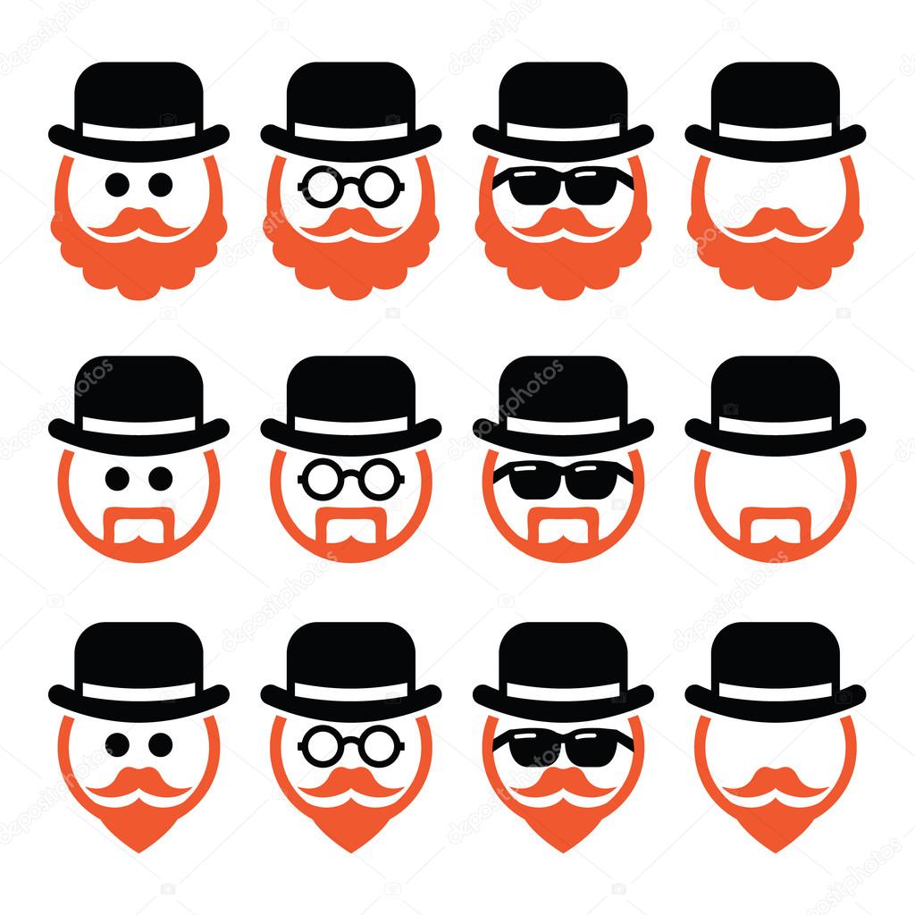 Man in hat with ginger beard and glasses icons set