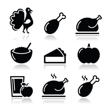 Şükran günü yemeği Icons set - hindi, kabak pasta, kızılcık sosu, elma suyu