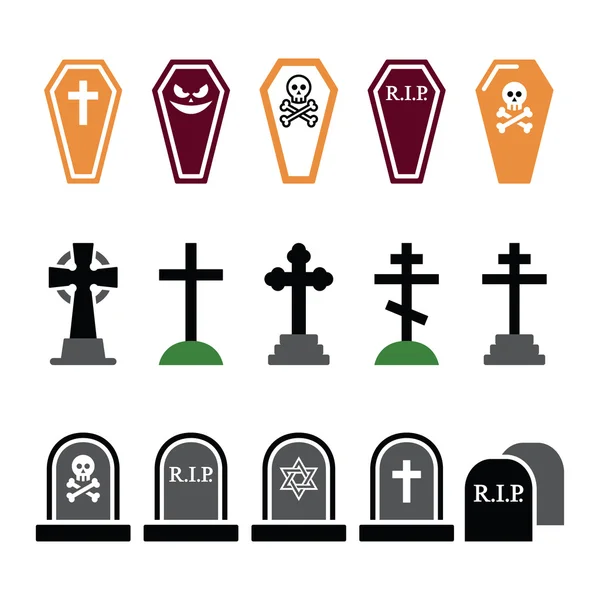 Halloween, hřbitov barevné ikony set - rakev, kříž, hrob — ストックベクタ
