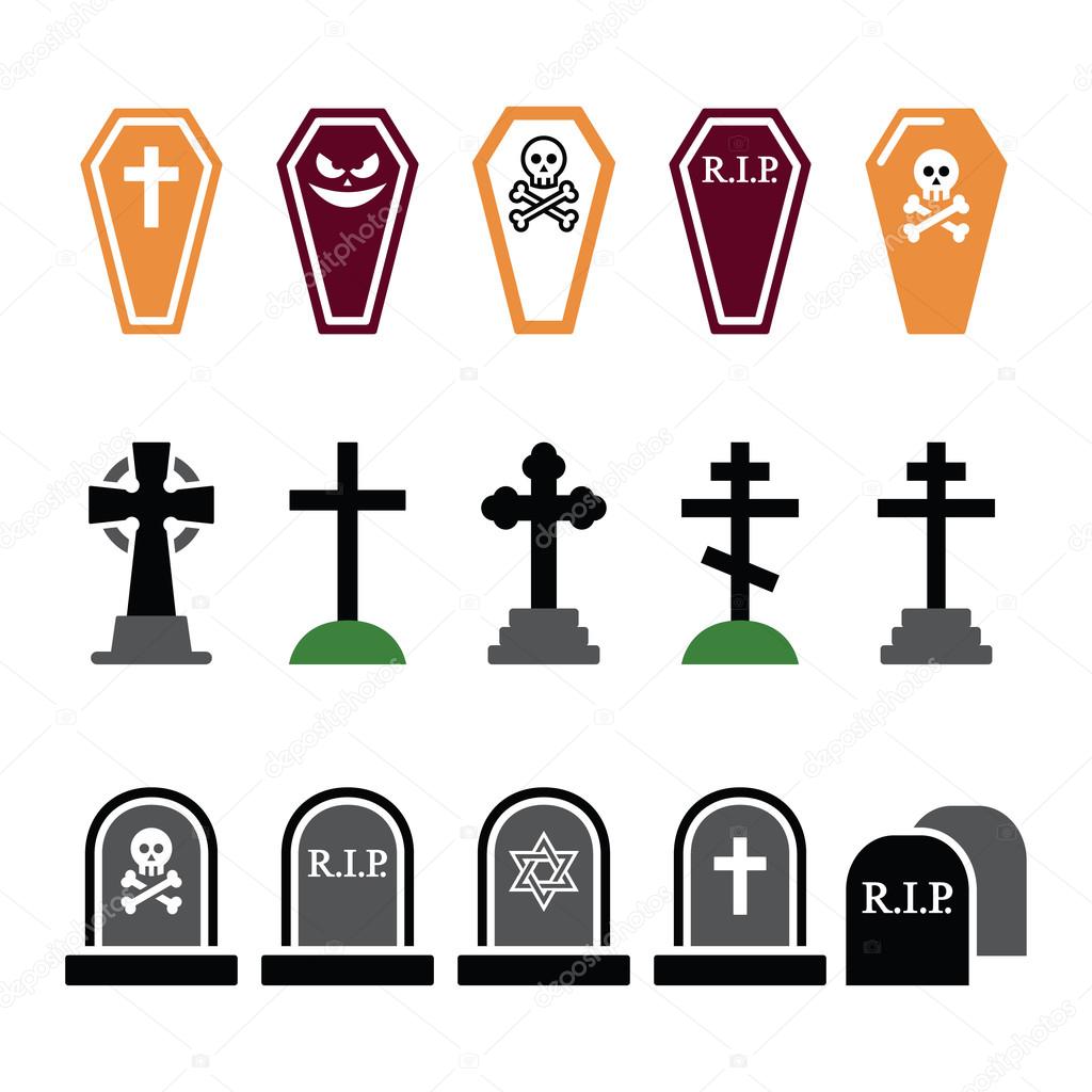 Halloween, graveyard colorful icons set - coffin, cross, grave