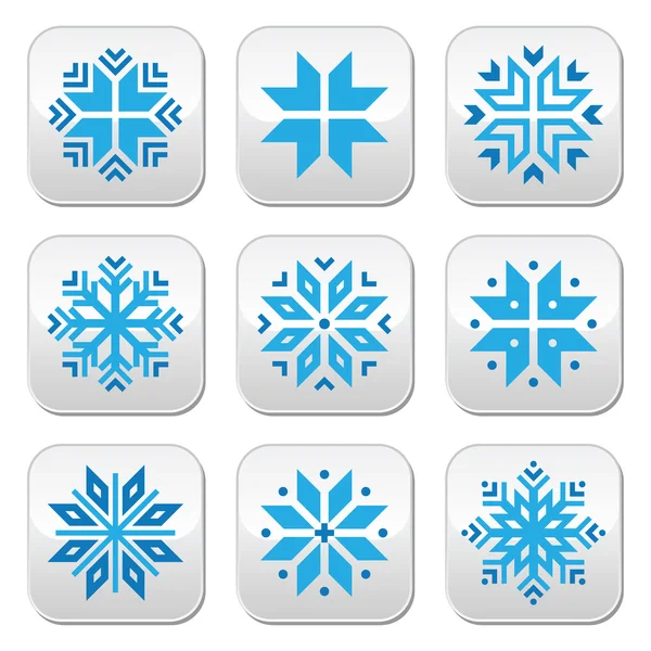 Navidad, invierno azul copos de nieve vector botones conjunto — Vector de stock