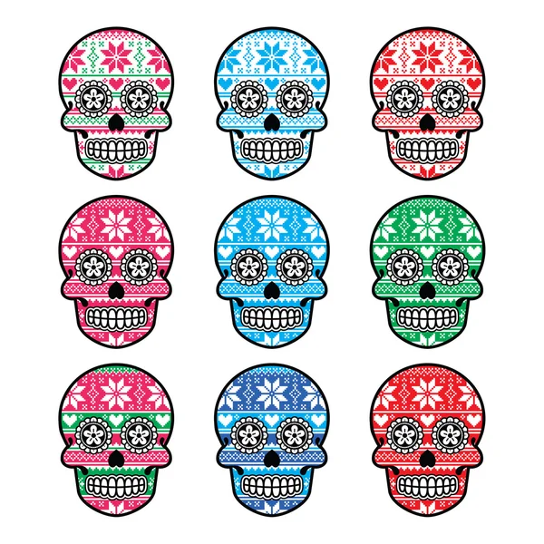 Mexican sugar skull with winter Nordic pattern — Stock Vector