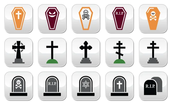 Halloween, conjunto de iconos del cementerio - ataúd, cruz, tumba — Vector de stock