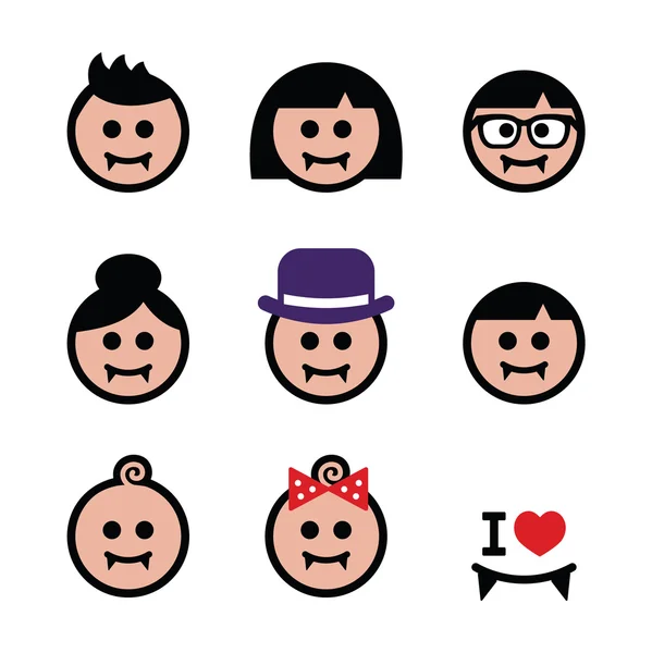 Vampires - hommes, femmes, bébés visages Halloween icônes ensemble — Image vectorielle