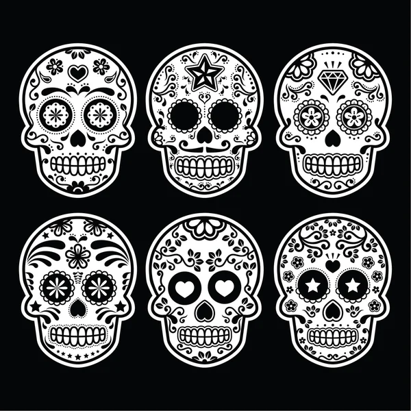 Caveira de açúcar mexicano, Dia de los Muertos ícones definido em preto — Vetor de Stock