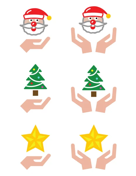 Manos con iconos de Navidad - Santa Claus, árbol, estrella — Archivo Imágenes Vectoriales