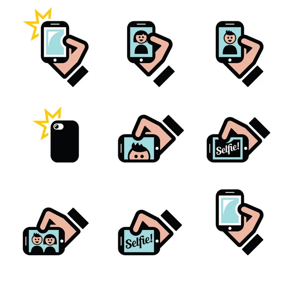 Selfie, taking photos with smartphones for social media icons set — Stock Vector