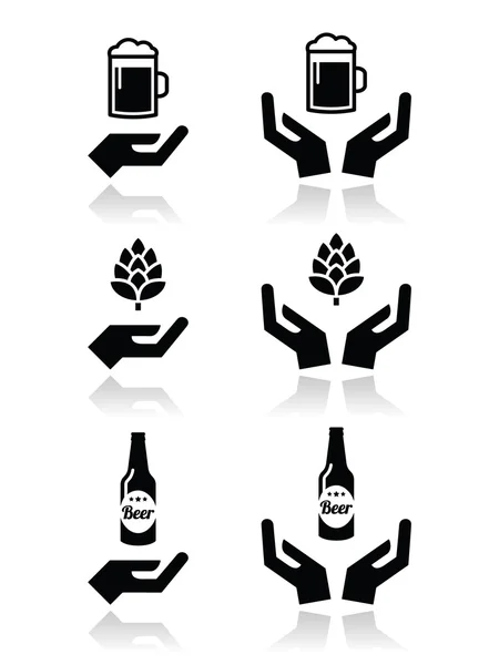 Beer bottle and glass, hops with hands icons set — Stock Vector