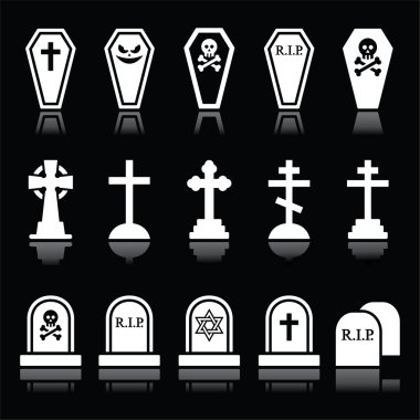 Cadılar Bayramı, mezarlık Icons set - tabut, çapraz, siyah üzerine mezar