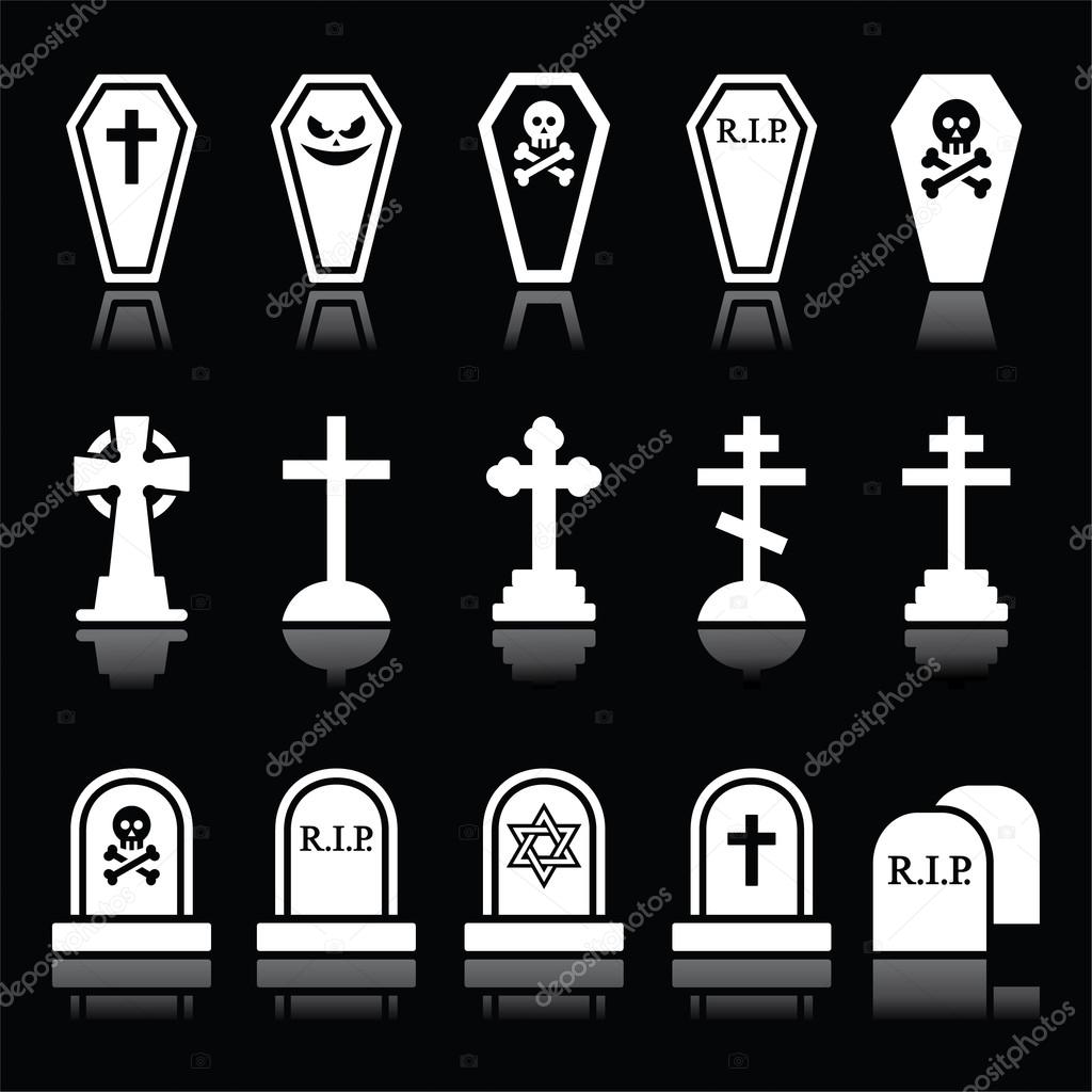 Halloween, graveyard icons set - coffin, cross, grave on black