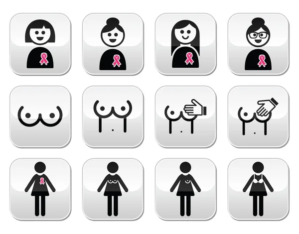 乳癌、ピンクのリボンのボタンを持つ女性の設定 — ストックベクタ