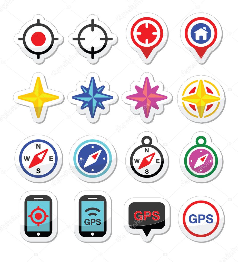GPS navigation, wind rose, compass icons set