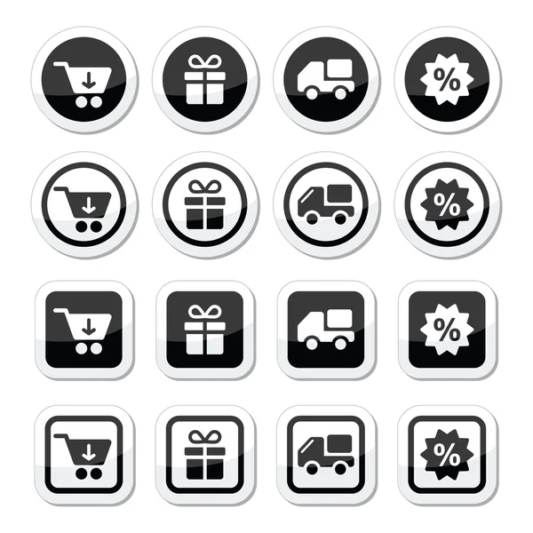 Shopping på internet svart ikoner set med skugga — Stock vektor