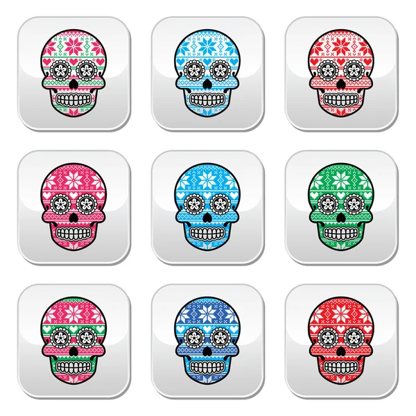 Botones de calavera de azúcar mexicana con patrón nórdico de invierno — Archivo Imágenes Vectoriales