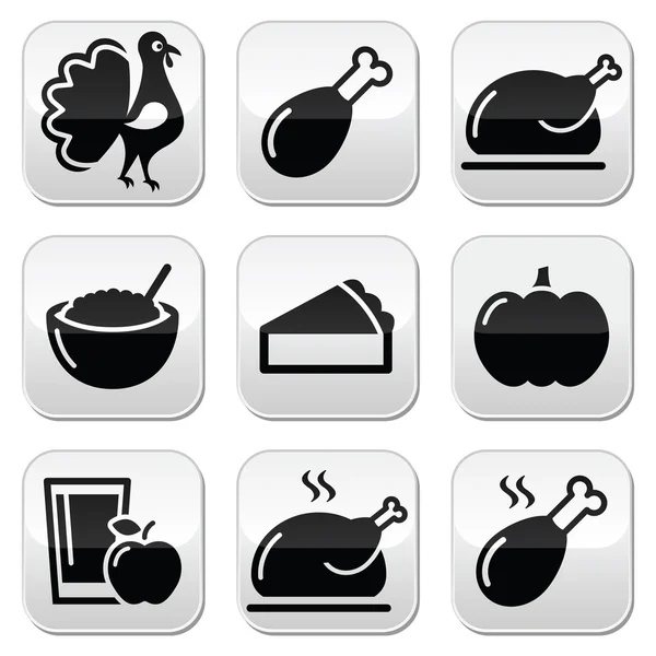 Thanksgiving Day food buttons set - turkey, pumpkin pie, cranberry sauce, apple juice — Stock Vector