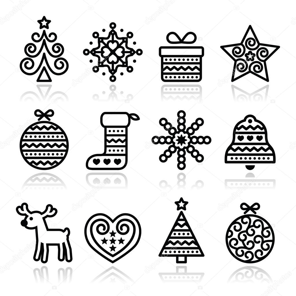 Christmas icons with stroke - Xmas tree, present, reindeer