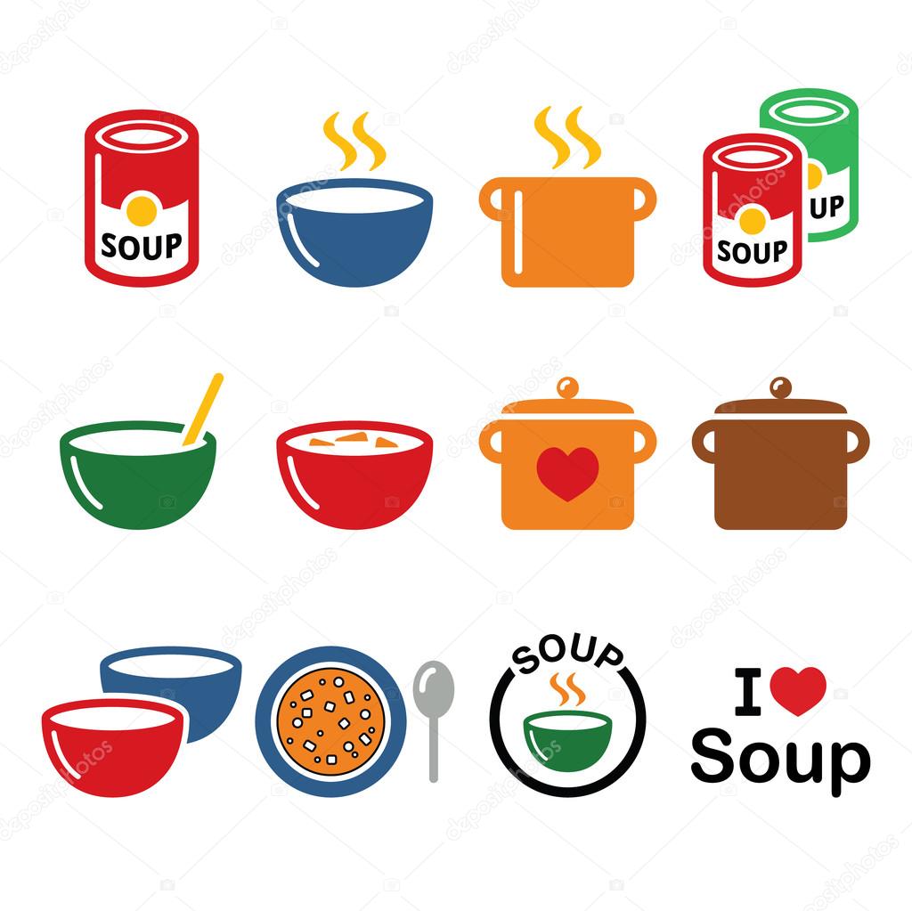 Soup in bowl, can and pot - food icon set