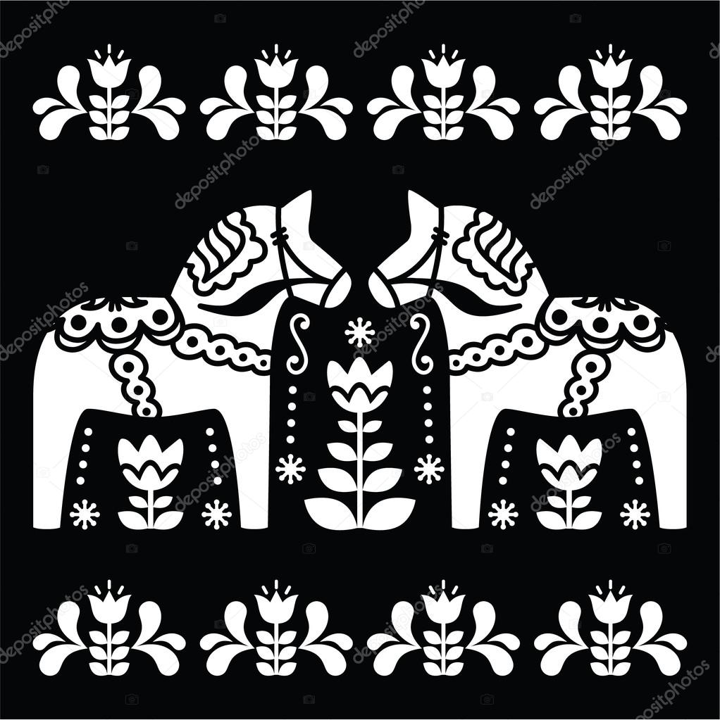 Swedish Dala or Daleclarian horse folk art pattern on black