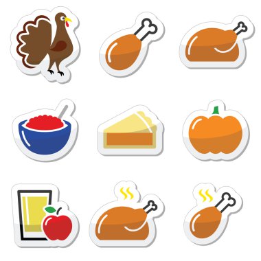 Şükran günü yemeği Icons set - hindi, kabak pasta, kızılcık sosu, elma suyu