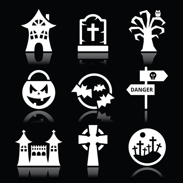 Vector de Halloween iconos blancos establecidos en negro — Vector de stock