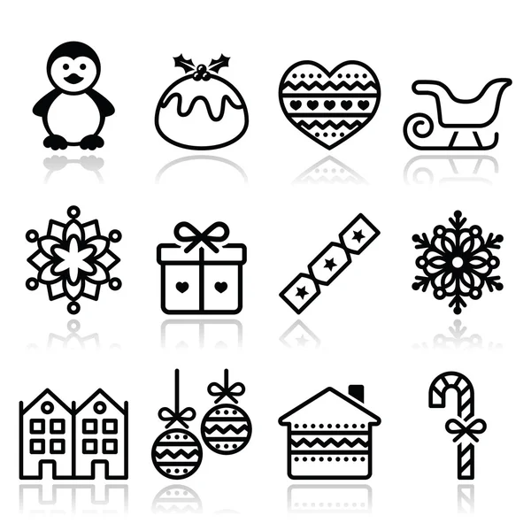 Navidad, iconos de invierno con movimiento - pingüino, pudín de Navidad — Vector de stock