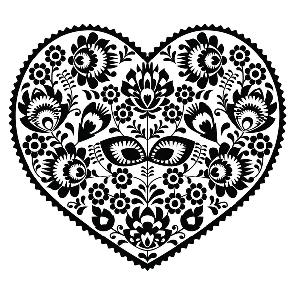 Polské černé lidového umění srdce vzor na bílém - wzory lowickie, wycinanka — Stockový vektor
