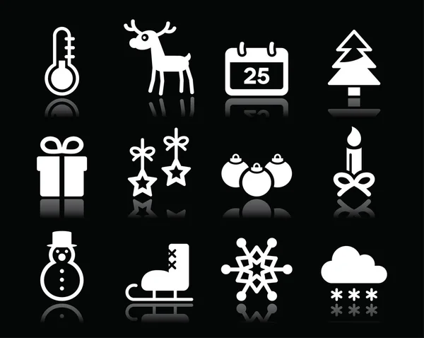Natal ícones de inverno branco definido no preto — Vetor de Stock