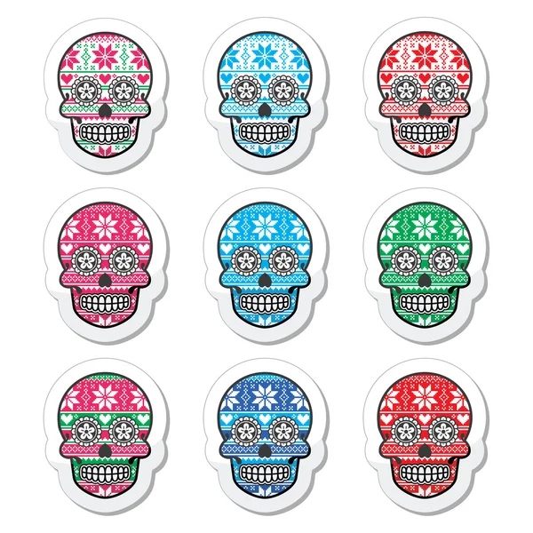 Mexican sugar skull with winter Nordic pattern — Stock Vector