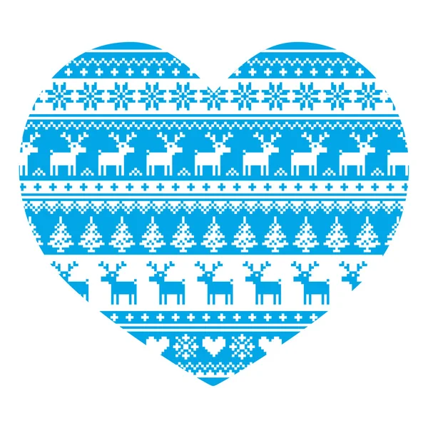 Christmas card with heart- blue Nordic, winter pattern on white — Stock Vector