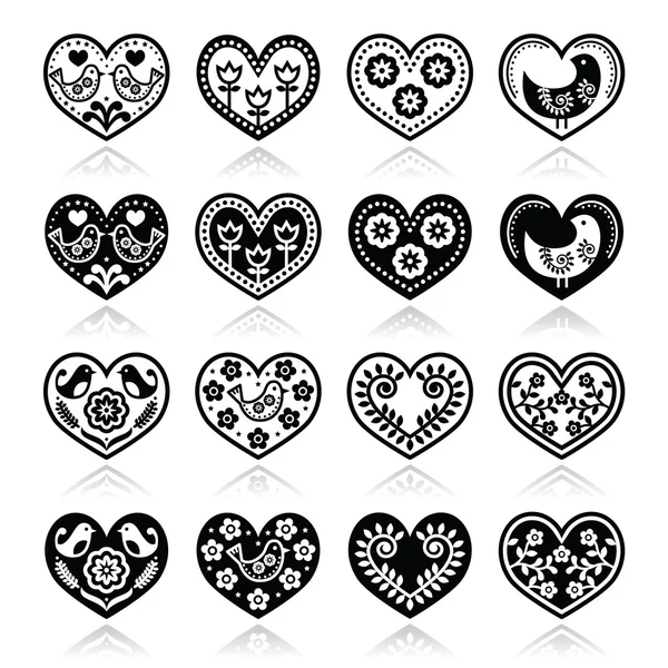 Folk hearts with flowers and birds icons set — Stock Vector